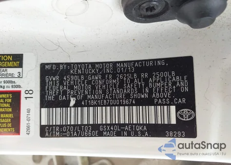 2013 Toyota Avalon Xle Touring from USA, damaged, VIN 4T1BK1EB7DU019674